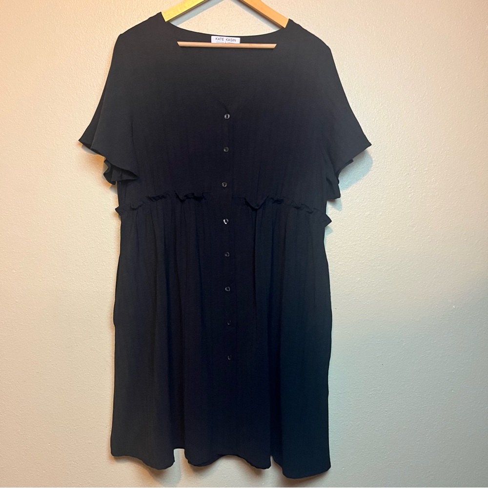 Kate Kasin Black Flutter Sleeve Babydoll Midi‎ Dress Size Large